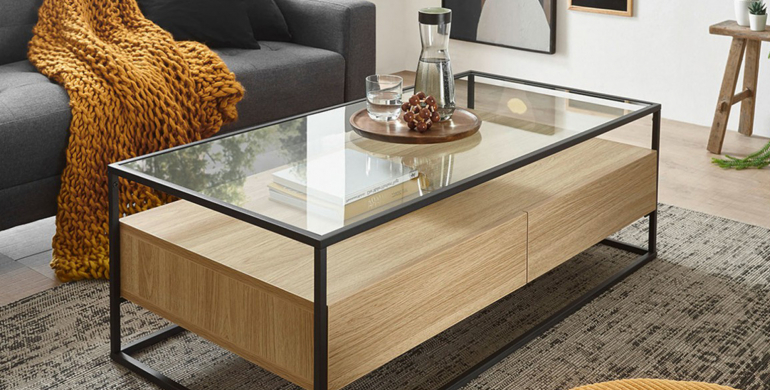 table basse chene plateau verre